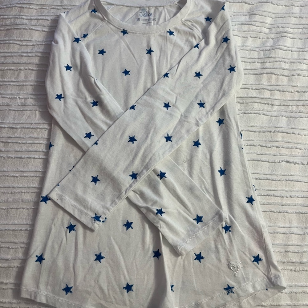 Justice brand, size youth 10, white long sleeve with blue stars